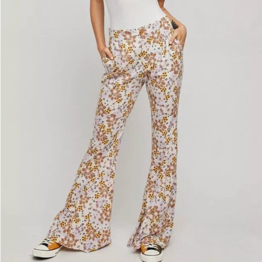 Free People White Floral Boot Cut Pants